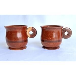 Vintage Brown Wooden Cups Set of Two Round Doughnut Shaped Handles